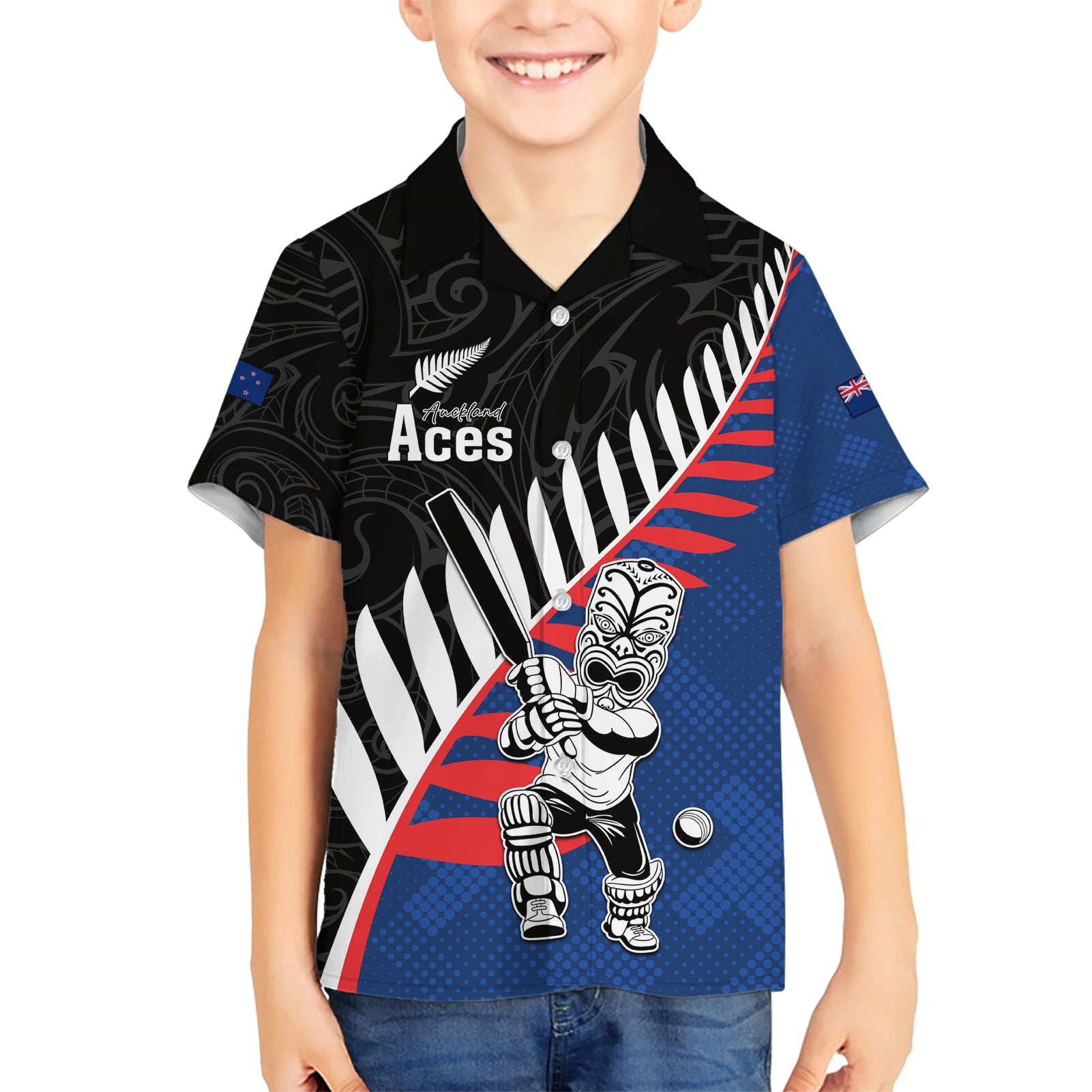 Custom New Zealand Auckland Cricket Kid Hawaiian Shirt With Maori Pattern