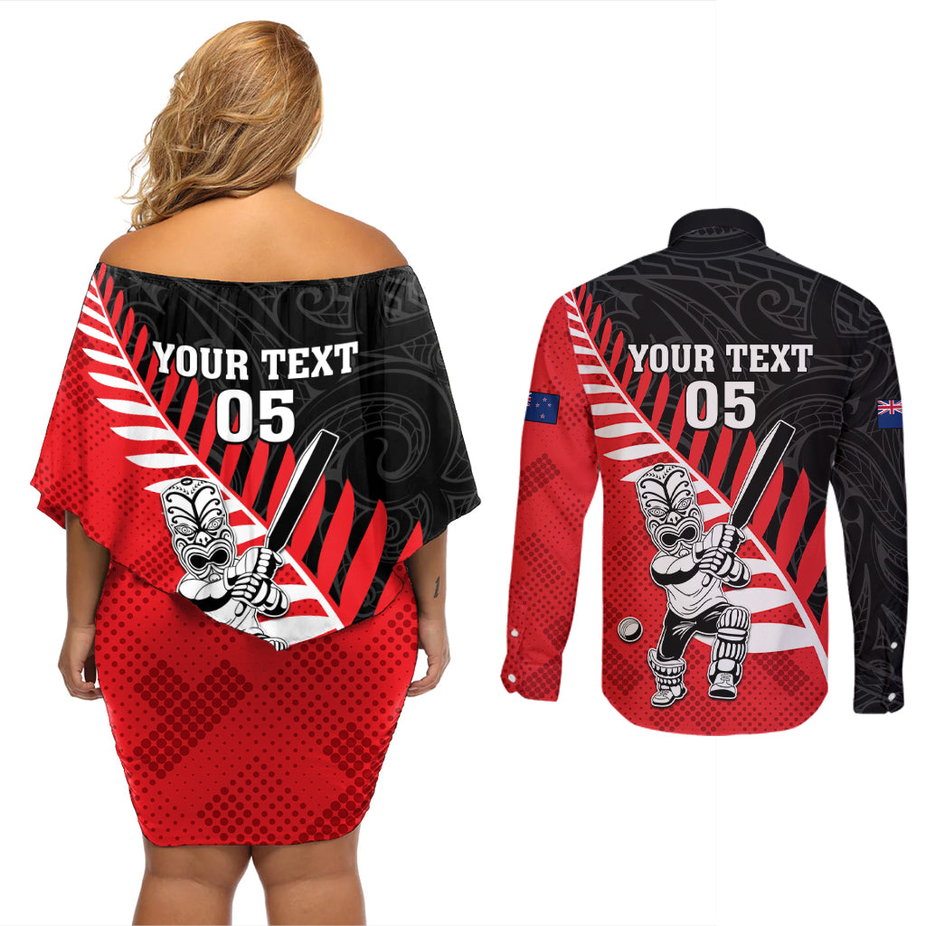 Custom New Zealand Canterbury Cricket Couples Matching Off Shoulder Short Dress and Long Sleeve Button Shirt With Maori Pattern
