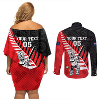 Custom New Zealand Canterbury Cricket Couples Matching Off Shoulder Short Dress and Long Sleeve Button Shirt With Maori Pattern