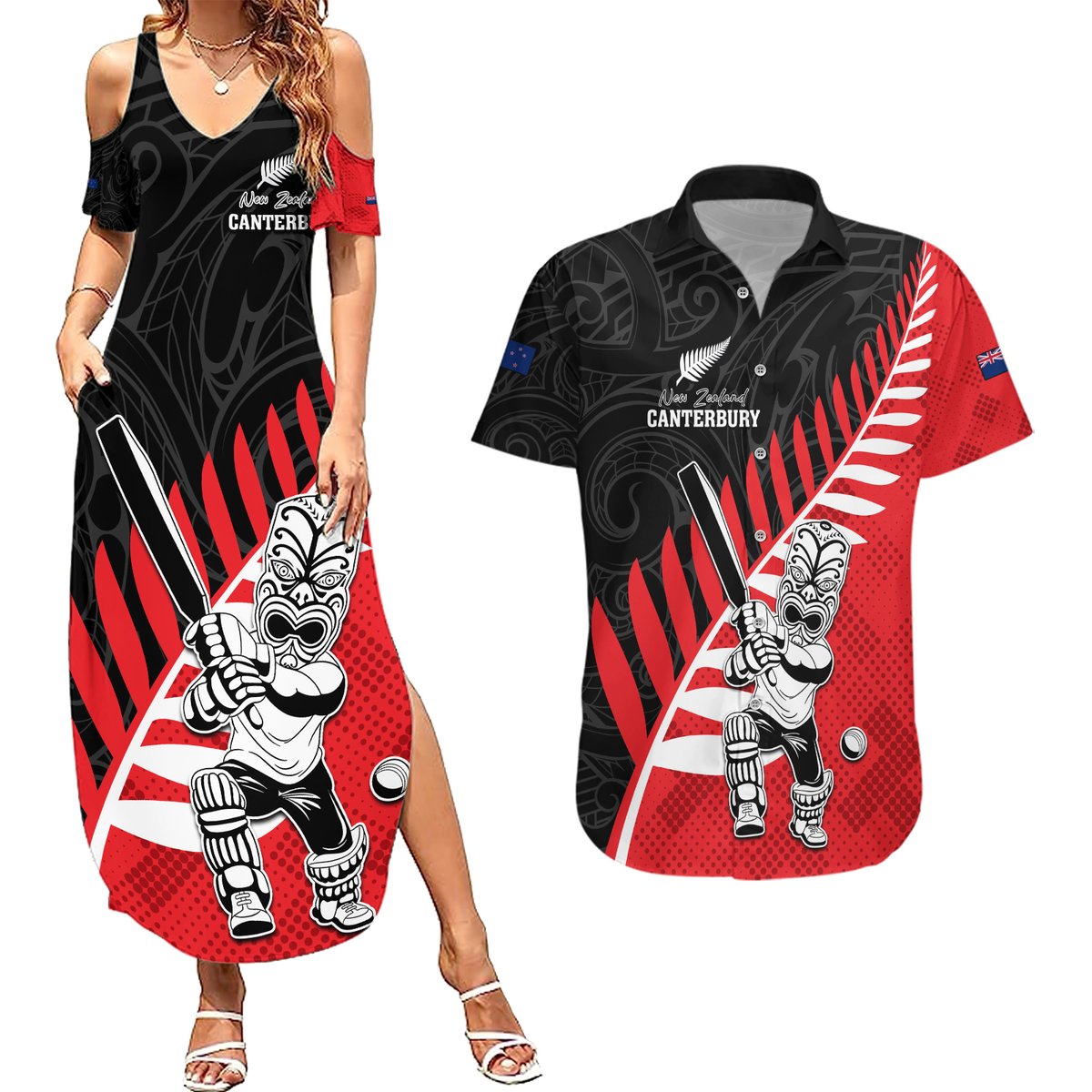 Custom New Zealand Canterbury Cricket Couples Matching Summer Maxi Dress and Hawaiian Shirt With Maori Pattern LT05 Red - Polynesian Pride