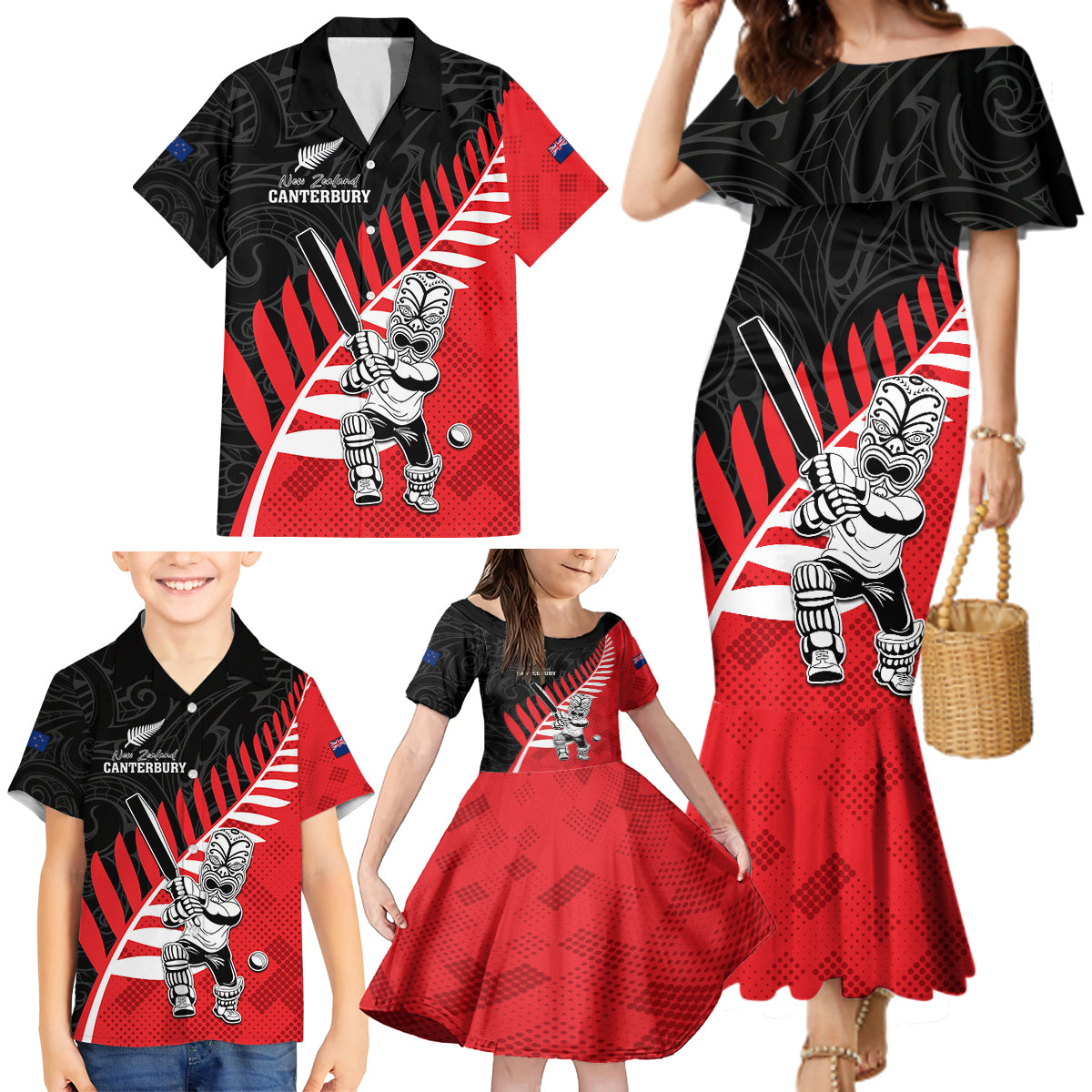 Custom New Zealand Canterbury Cricket Family Matching Mermaid Dress and Hawaiian Shirt With Maori Pattern LT05 - Polynesian Pride