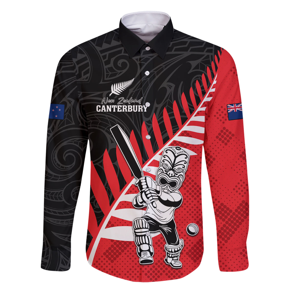 Custom New Zealand Canterbury Cricket Family Matching Mermaid Dress and Hawaiian Shirt With Maori Pattern LT05 Dad's Shirt - Long Sleeve Red - Polynesian Pride