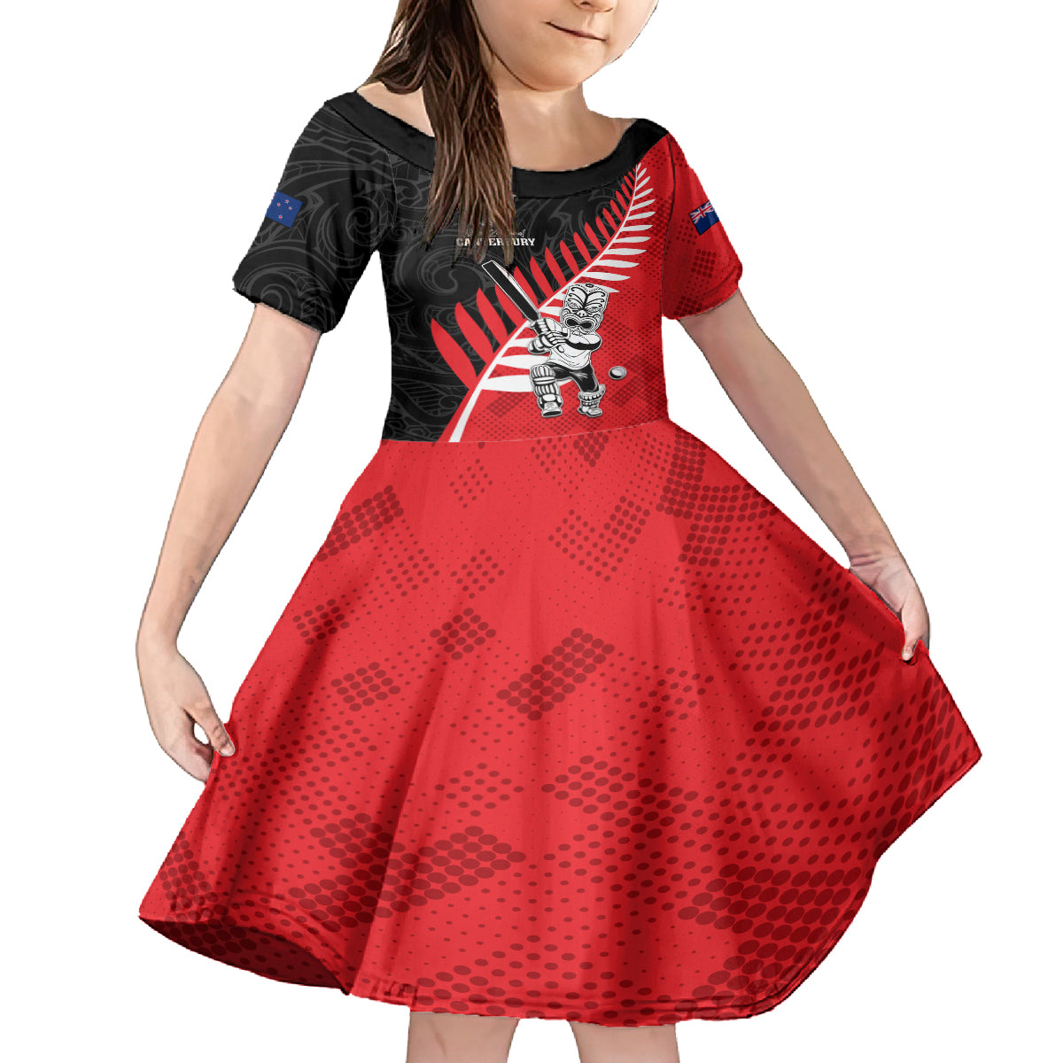 Custom New Zealand Canterbury Cricket Family Matching Puletasi and Hawaiian Shirt With Maori Pattern LT05 Daughter's Dress Red - Polynesian Pride