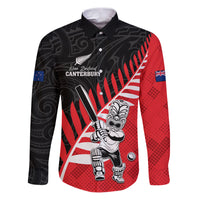Custom New Zealand Canterbury Cricket Family Matching Puletasi and Hawaiian Shirt With Maori Pattern LT05 Dad's Shirt - Long Sleeve Red - Polynesian Pride