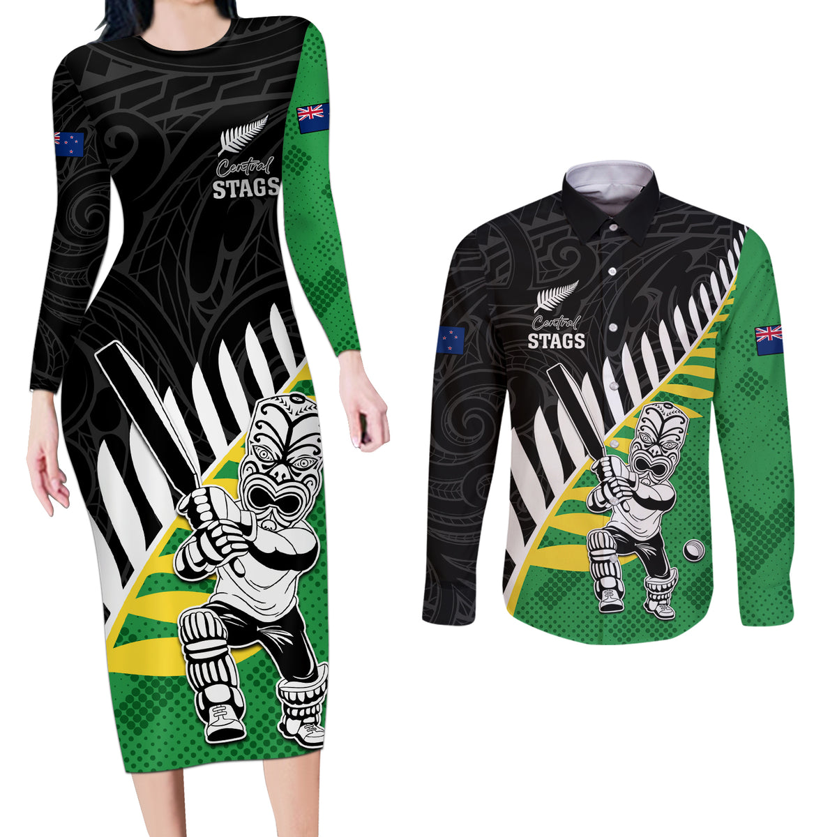 Custom New Zealand Central Districts Cricket Couples Matching Long Sleeve Bodycon Dress and Long Sleeve Button Shirt With Maori Pattern LT05 Green - Polynesian Pride