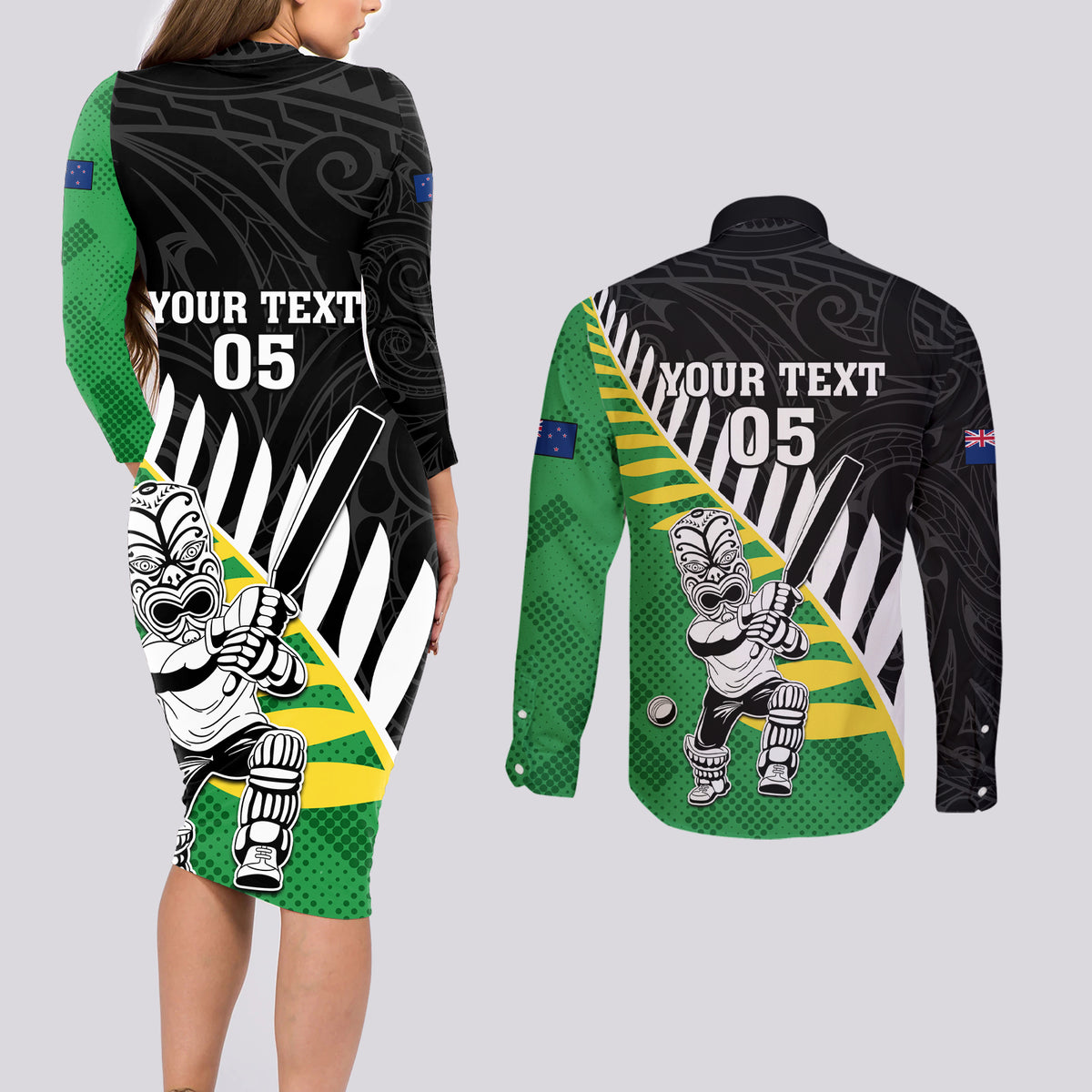 Custom New Zealand Central Districts Cricket Couples Matching Long Sleeve Bodycon Dress and Long Sleeve Button Shirt With Maori Pattern LT05 - Polynesian Pride