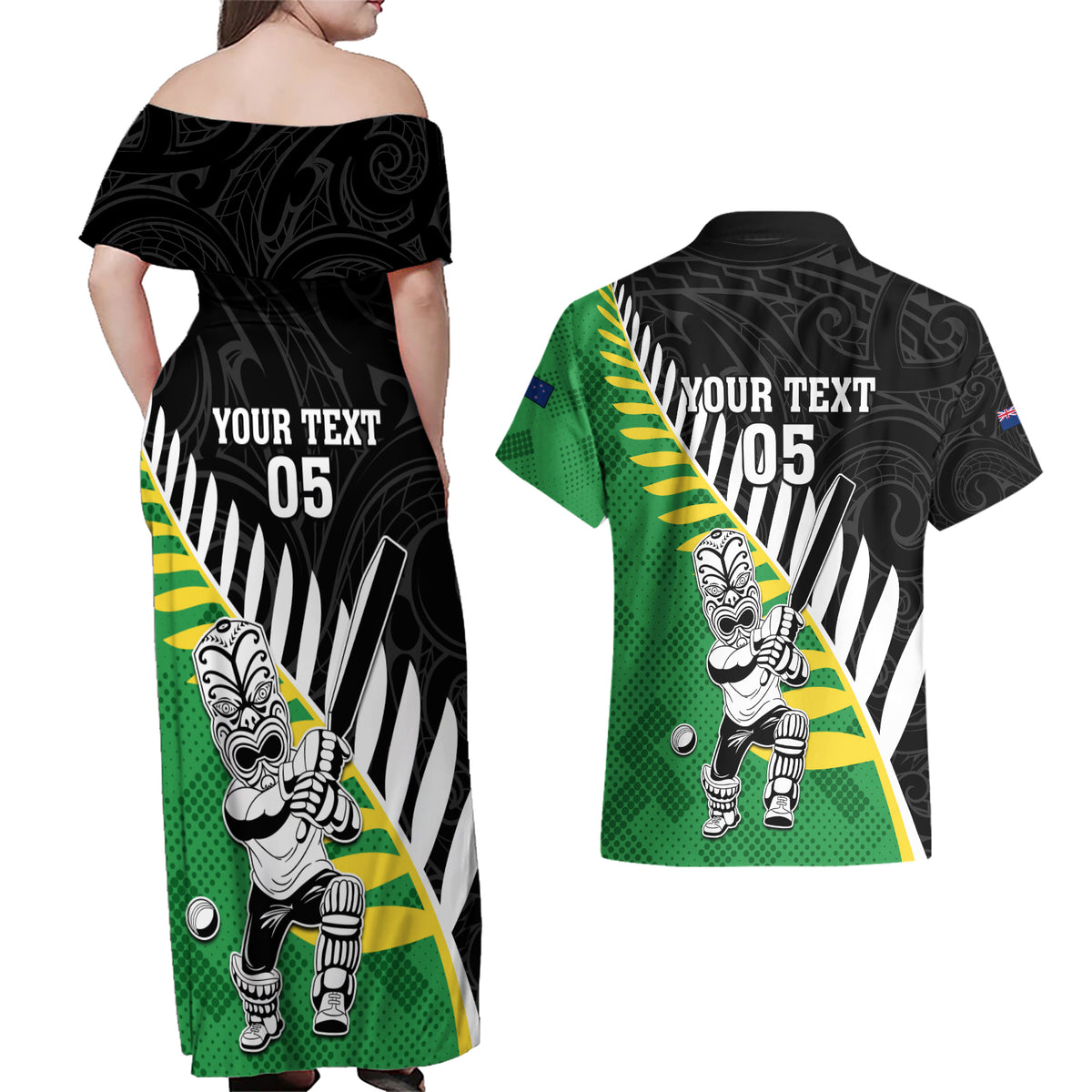Custom New Zealand Central Districts Cricket Couples Matching Off Shoulder Maxi Dress and Hawaiian Shirt With Maori Pattern