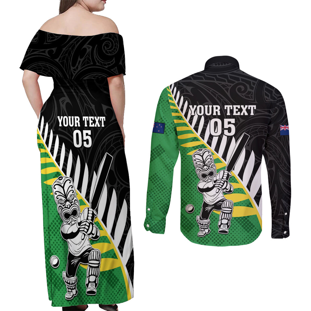 Custom New Zealand Central Districts Cricket Couples Matching Off Shoulder Maxi Dress and Long Sleeve Button Shirt With Maori Pattern