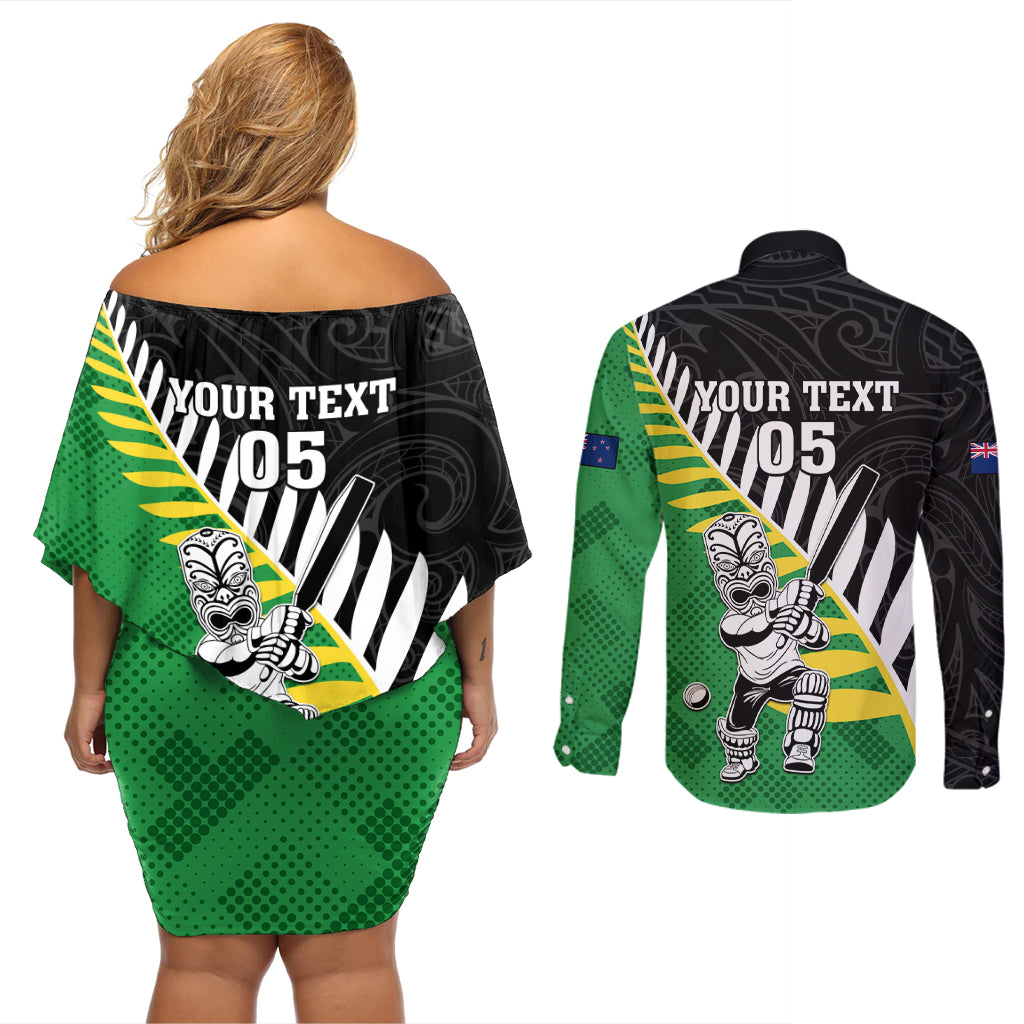 Custom New Zealand Central Districts Cricket Couples Matching Off Shoulder Short Dress and Long Sleeve Button Shirt With Maori Pattern