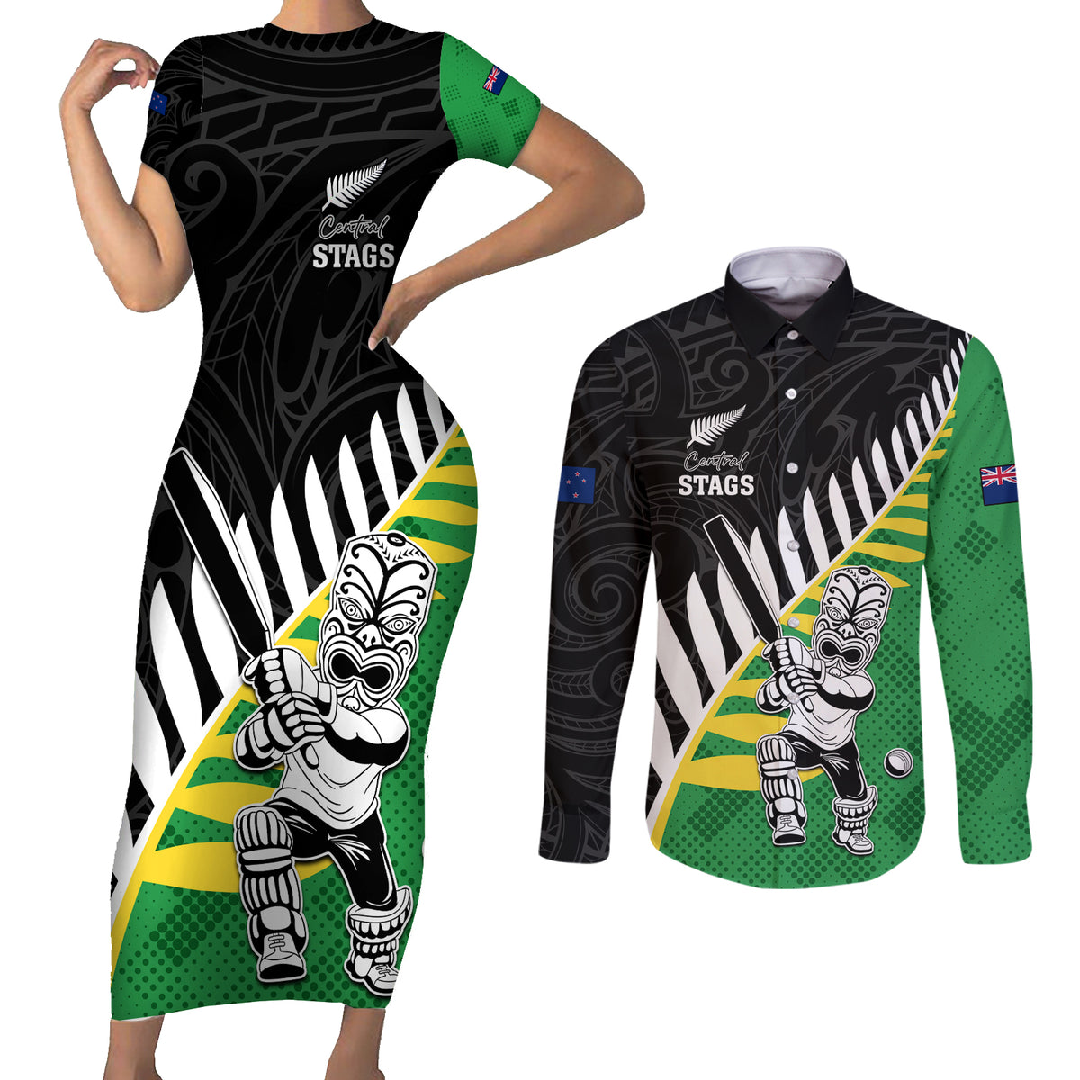 Custom New Zealand Central Districts Cricket Couples Matching Short Sleeve Bodycon Dress and Long Sleeve Button Shirt With Maori Pattern LT05 Green - Polynesian Pride