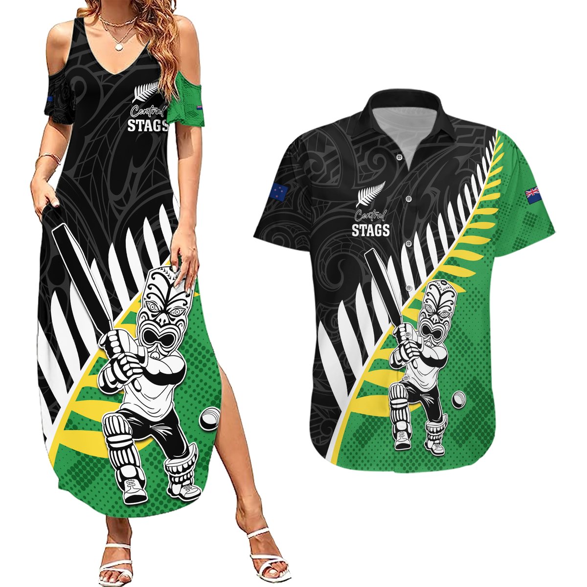 Custom New Zealand Central Districts Cricket Couples Matching Summer Maxi Dress and Hawaiian Shirt With Maori Pattern LT05 Green - Polynesian Pride