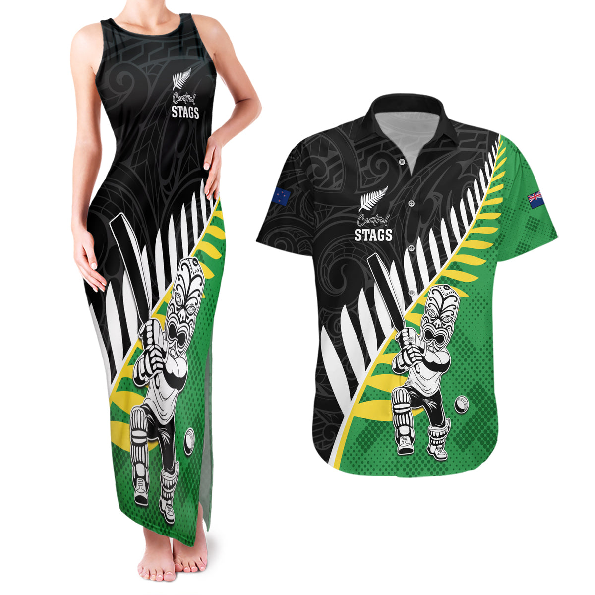 Custom New Zealand Central Districts Cricket Couples Matching Tank Maxi Dress and Hawaiian Shirt With Maori Pattern LT05 Green - Polynesian Pride