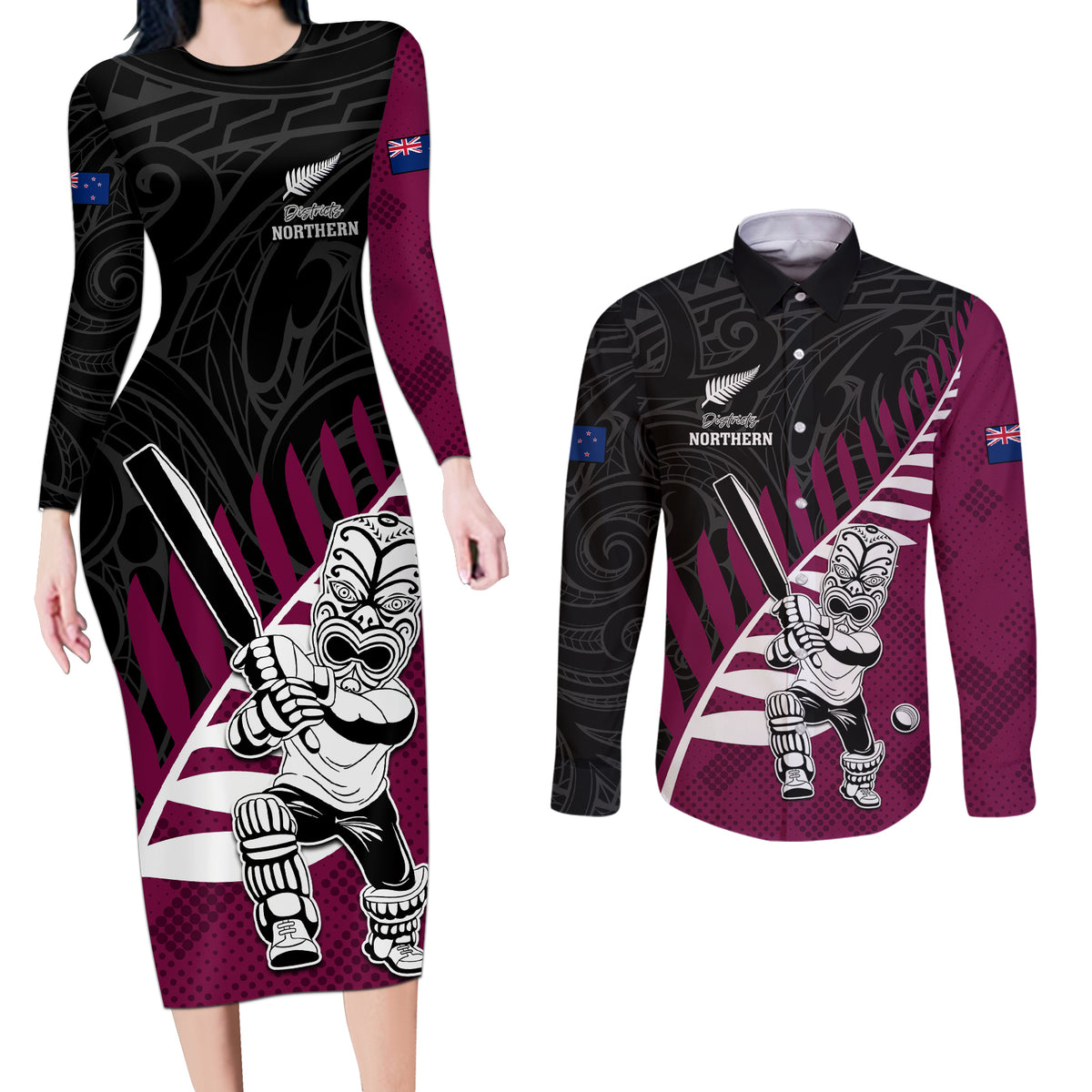 Custom New Zealand Northern Districts Cricket Couples Matching Long Sleeve Bodycon Dress and Long Sleeve Button Shirt With Maori Pattern LT05 Maroon - Polynesian Pride