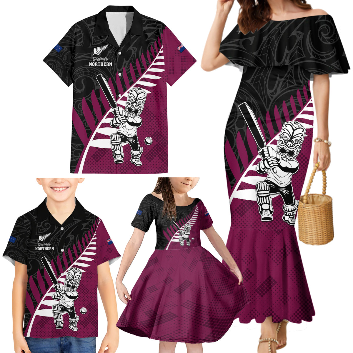 Custom New Zealand Northern Districts Cricket Family Matching Mermaid Dress and Hawaiian Shirt With Maori Pattern LT05 - Polynesian Pride