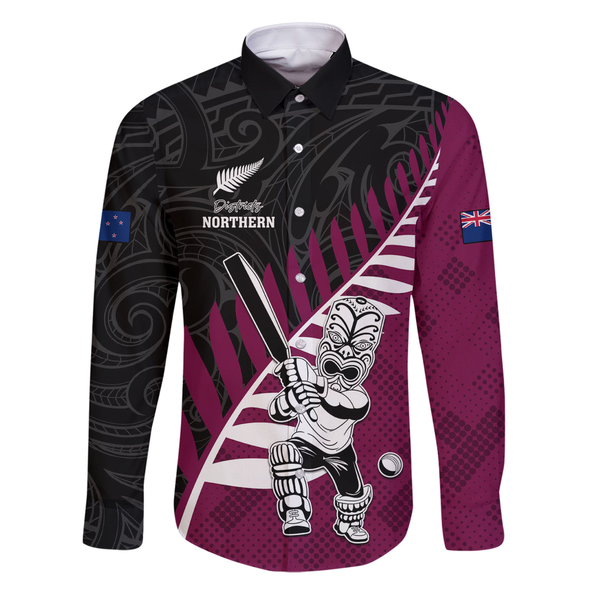 Custom New Zealand Northern Districts Cricket Family Matching Mermaid Dress and Hawaiian Shirt With Maori Pattern LT05 Dad's Shirt - Long Sleeve Maroon - Polynesian Pride