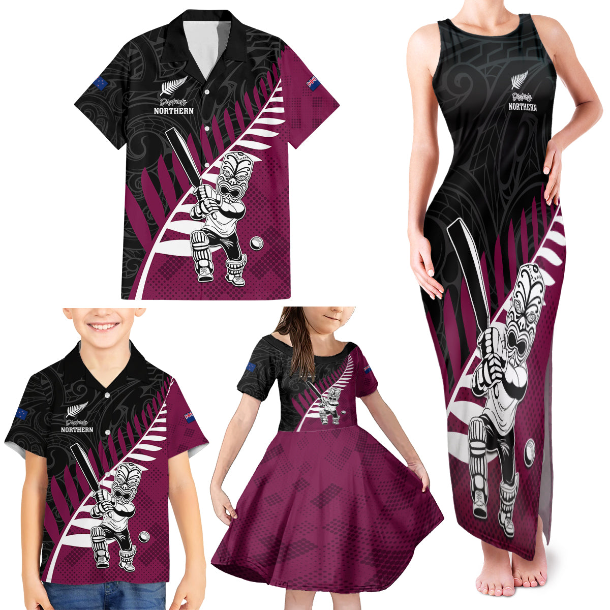 Custom New Zealand Northern Districts Cricket Family Matching Tank Maxi Dress and Hawaiian Shirt With Maori Pattern LT05 - Polynesian Pride