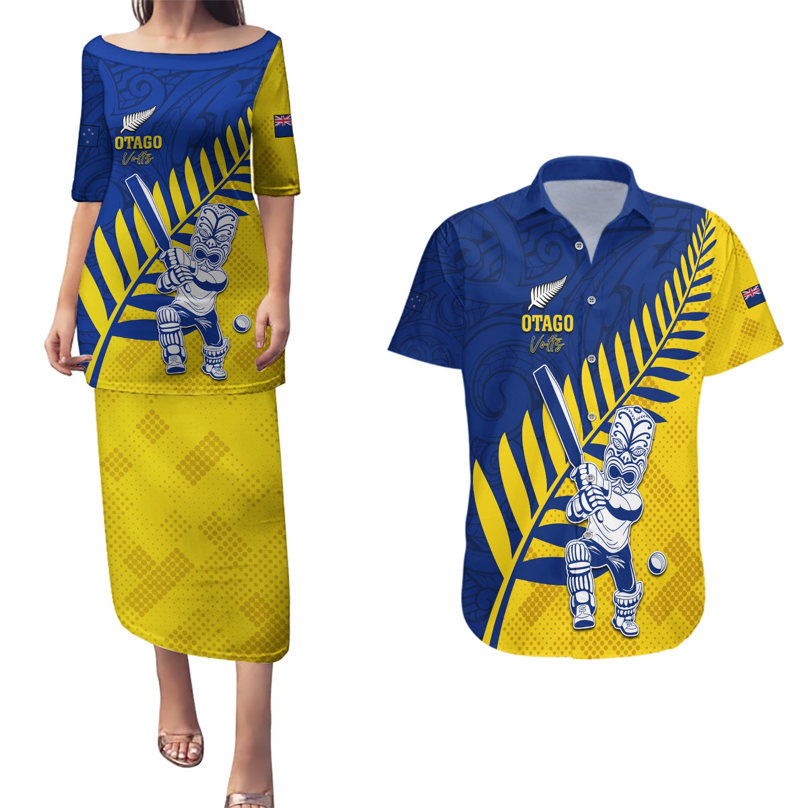 Custom New Zealand Otago Cricket Couples Matching Puletasi and Hawaiian Shirt With Maori Pattern