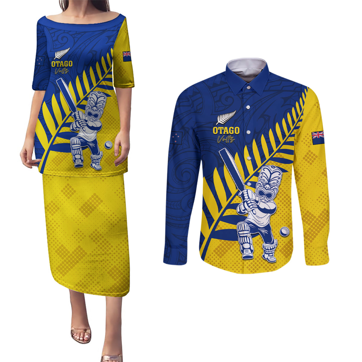 Custom New Zealand Otago Cricket Couples Matching Puletasi and Long Sleeve Button Shirt With Maori Pattern