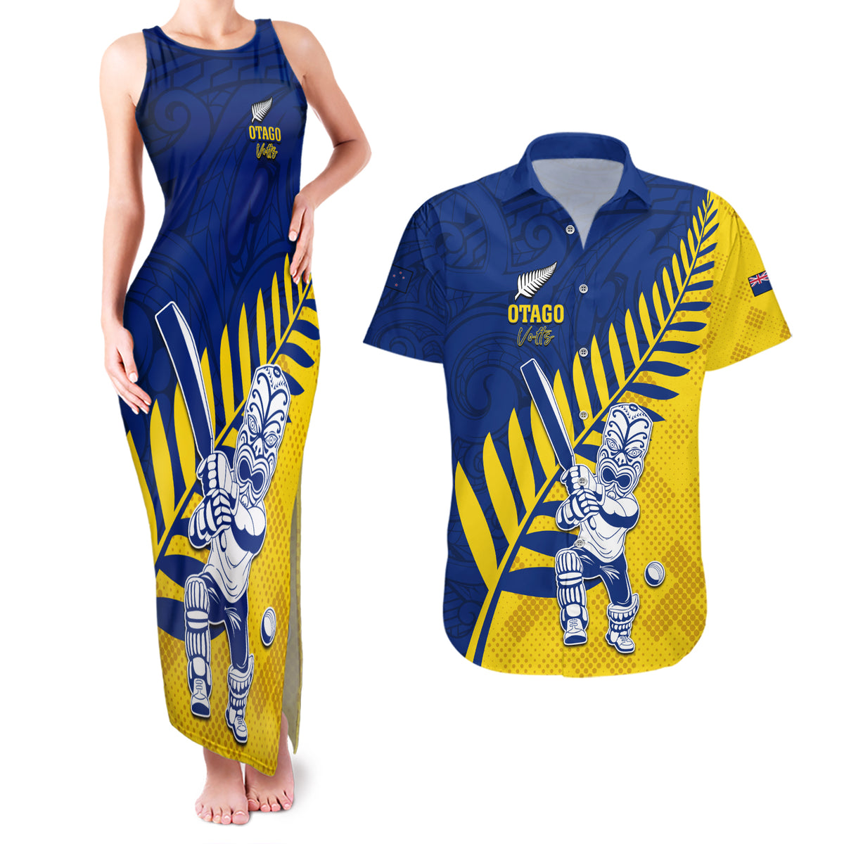 Custom New Zealand Otago Cricket Couples Matching Tank Maxi Dress and Hawaiian Shirt With Maori Pattern LT05 Yellow - Polynesian Pride