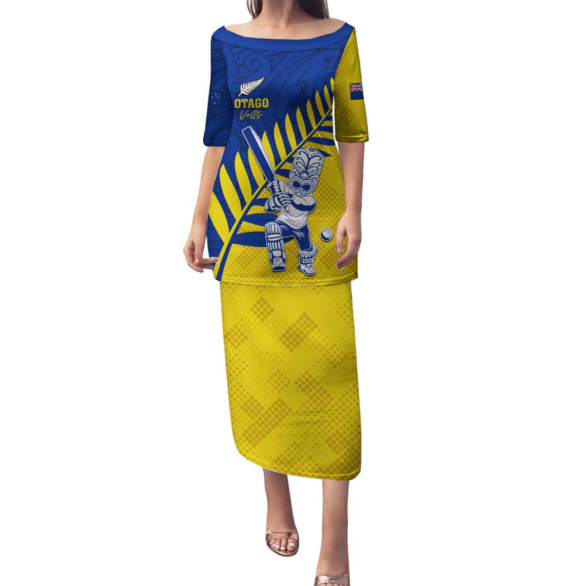 Custom New Zealand Otago Cricket Family Matching Puletasi and Hawaiian Shirt With Maori Pattern LT05 Mom's Dress Yellow - Polynesian Pride