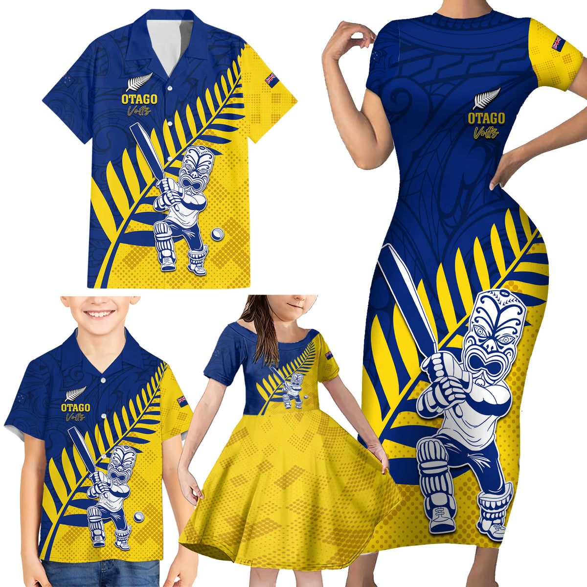 Custom New Zealand Otago Cricket Family Matching Short Sleeve Bodycon Dress and Hawaiian Shirt With Maori Pattern LT05 - Polynesian Pride