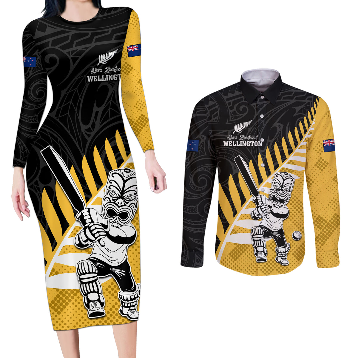Custom New Zealand Wellington Cricket Couples Matching Long Sleeve Bodycon Dress and Long Sleeve Button Shirt With Maori Pattern LT05 Yellow - Polynesian Pride