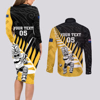 Custom New Zealand Wellington Cricket Couples Matching Long Sleeve Bodycon Dress and Long Sleeve Button Shirt With Maori Pattern LT05 - Polynesian Pride