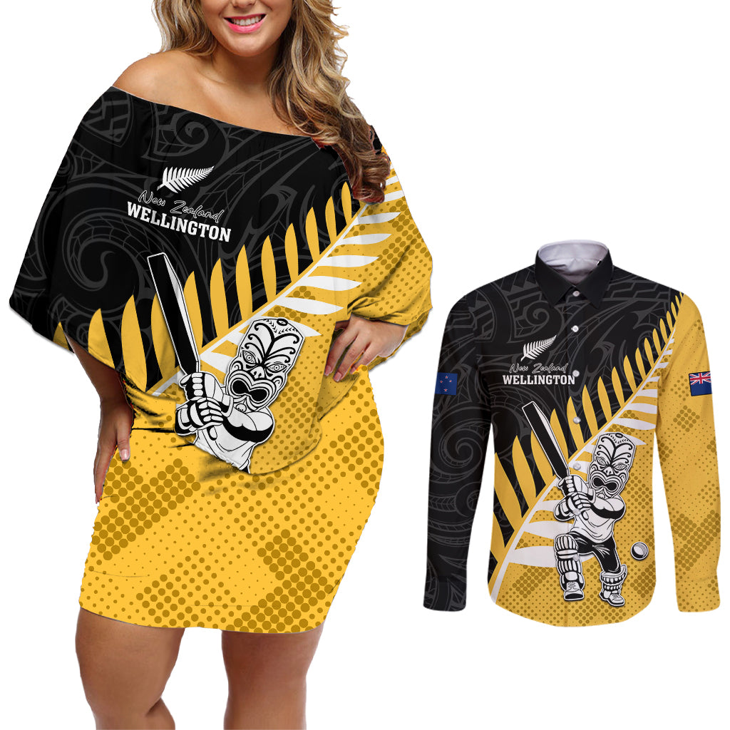 Custom New Zealand Wellington Cricket Couples Matching Off Shoulder Short Dress and Long Sleeve Button Shirt With Maori Pattern