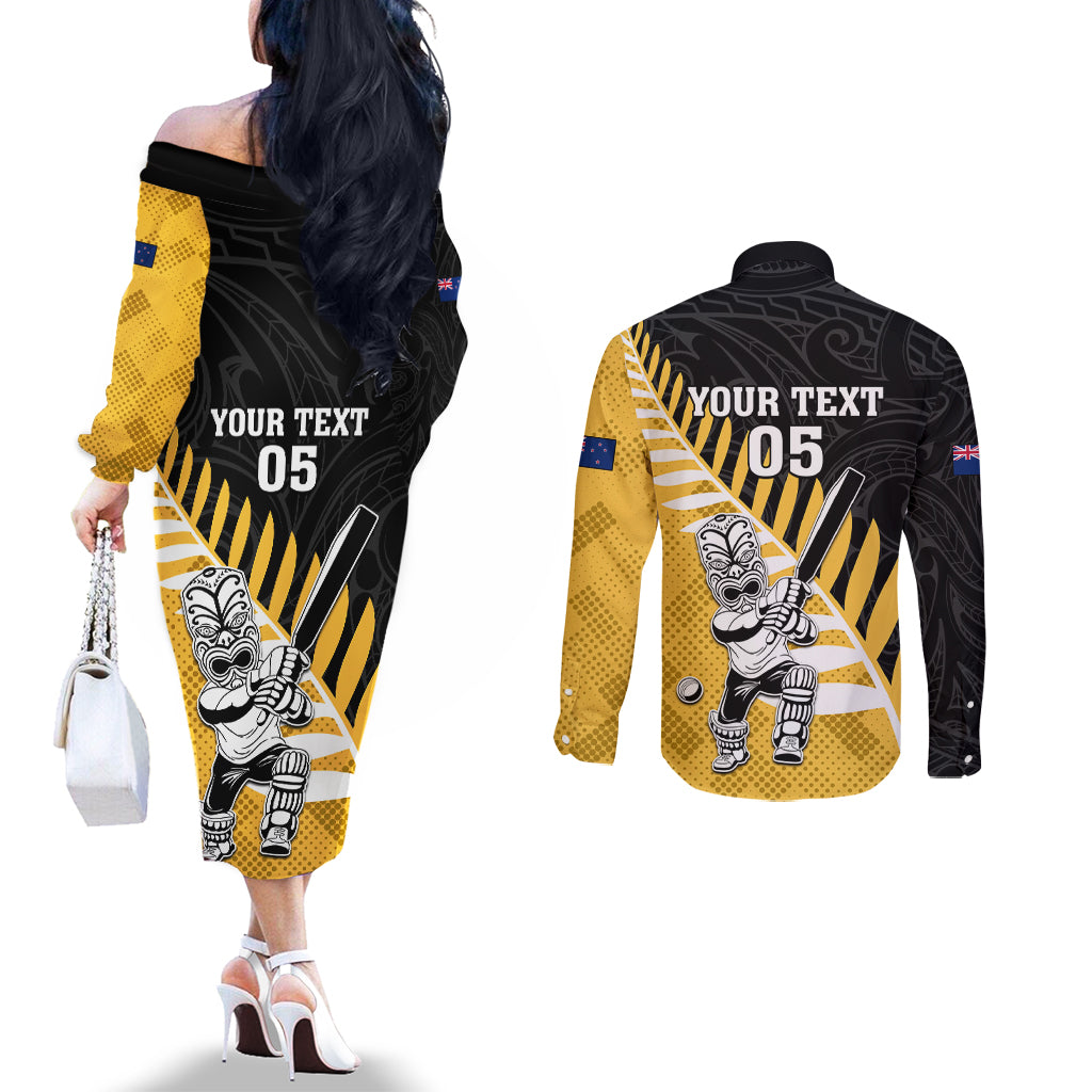 Custom New Zealand Wellington Cricket Couples Matching Off The Shoulder Long Sleeve Dress and Long Sleeve Button Shirt With Maori Pattern LT05 - Polynesian Pride
