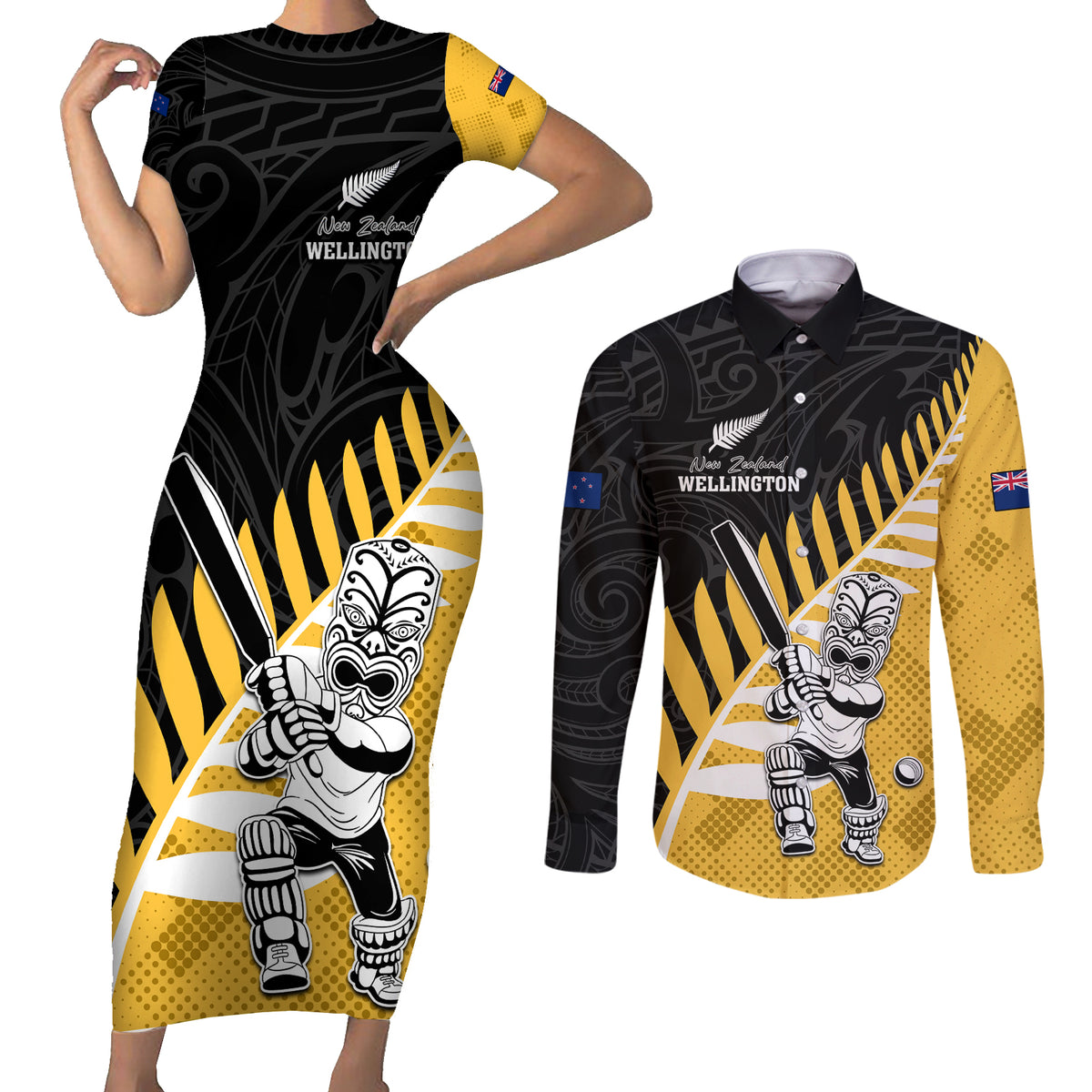 Custom New Zealand Wellington Cricket Couples Matching Short Sleeve Bodycon Dress and Long Sleeve Button Shirt With Maori Pattern LT05 Yellow - Polynesian Pride