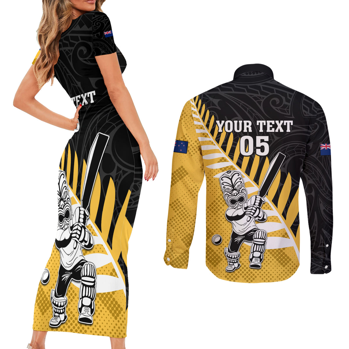 Custom New Zealand Wellington Cricket Couples Matching Short Sleeve Bodycon Dress and Long Sleeve Button Shirt With Maori Pattern LT05 - Polynesian Pride
