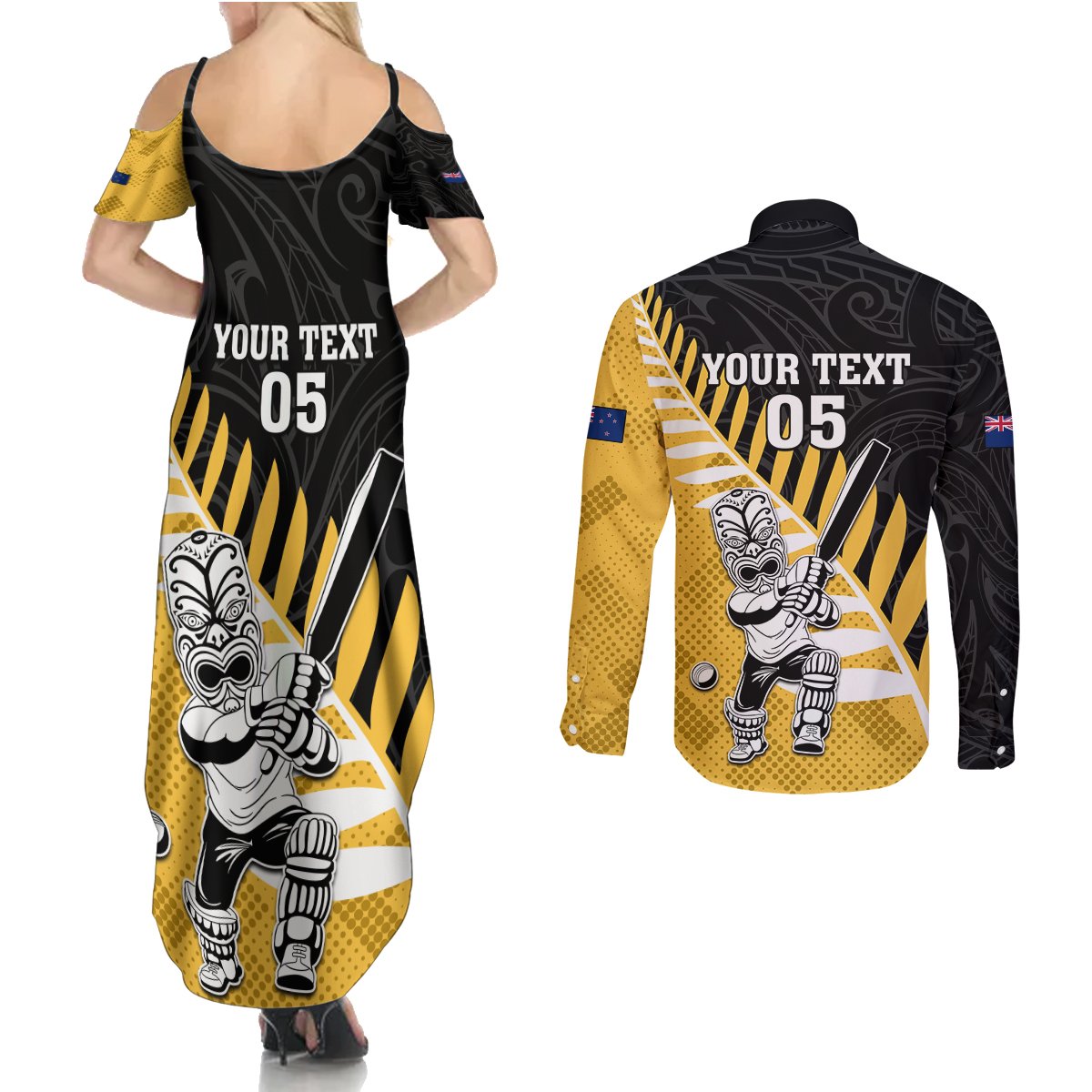 Custom New Zealand Wellington Cricket Couples Matching Summer Maxi Dress and Long Sleeve Button Shirt With Maori Pattern LT05 - Polynesian Pride