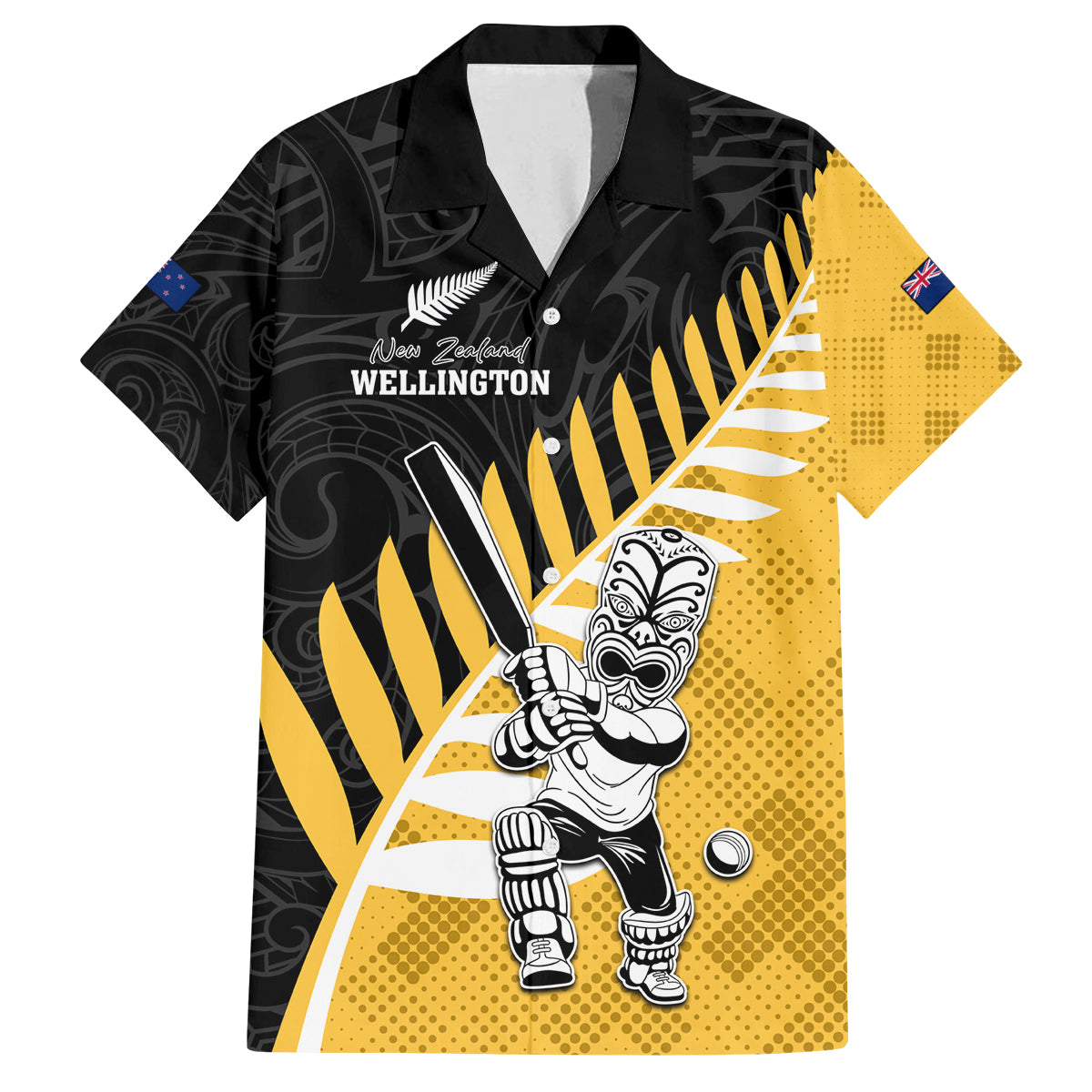 Custom New Zealand Wellington Cricket Family Matching Off The Shoulder Long Sleeve Dress and Hawaiian Shirt With Maori Pattern LT05 Dad's Shirt - Short Sleeve Yellow - Polynesian Pride