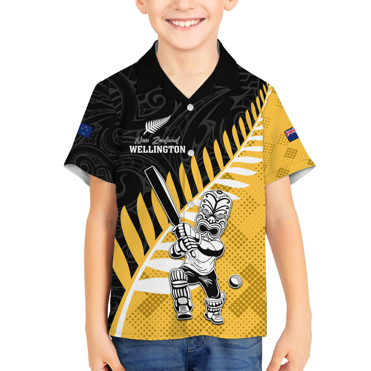 Custom New Zealand Wellington Cricket Family Matching Off The Shoulder Long Sleeve Dress and Hawaiian Shirt With Maori Pattern LT05 Son's Shirt Yellow - Polynesian Pride