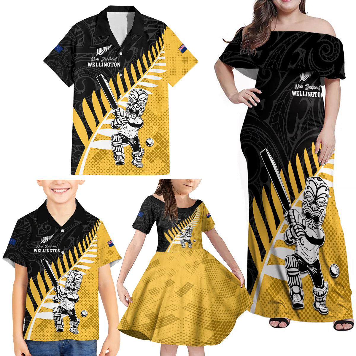 Custom New Zealand Wellington Cricket Family Matching Off Shoulder Maxi Dress and Hawaiian Shirt With Maori Pattern