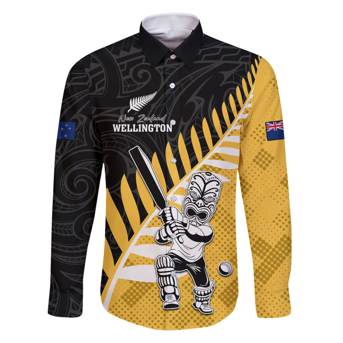 Custom New Zealand Wellington Cricket Family Matching Short Sleeve Bodycon Dress and Hawaiian Shirt With Maori Pattern LT05 Dad's Shirt - Long Sleeve Yellow - Polynesian Pride