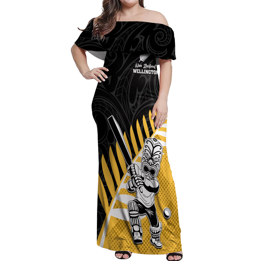 Custom New Zealand Wellington Cricket Off Shoulder Maxi Dress With Maori Pattern