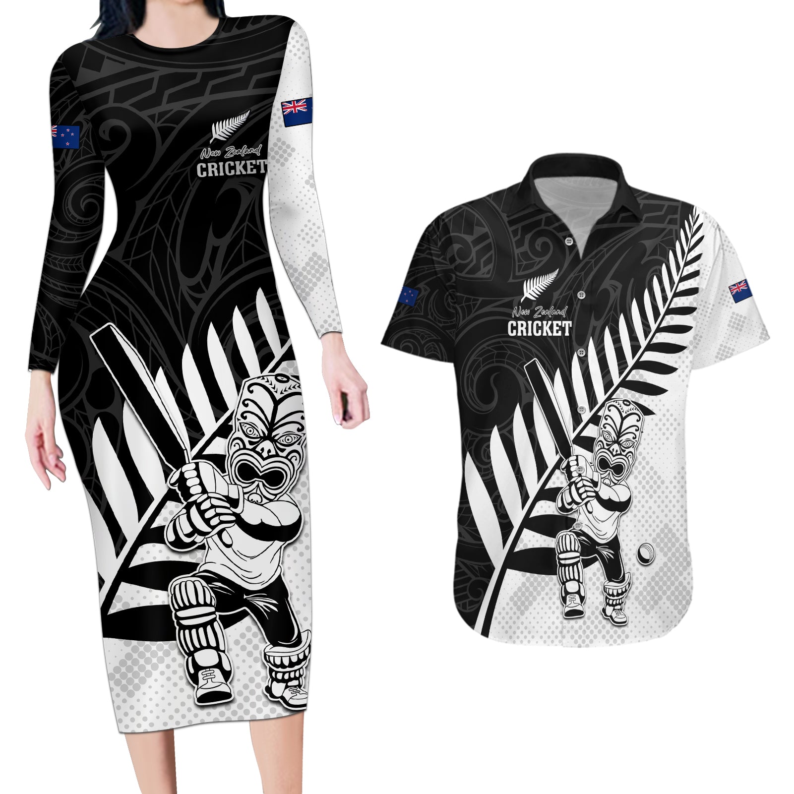 Custom New Zealand Cricket Couples Matching Long Sleeve Bodycon Dress and Hawaiian Shirt With Maori Pattern