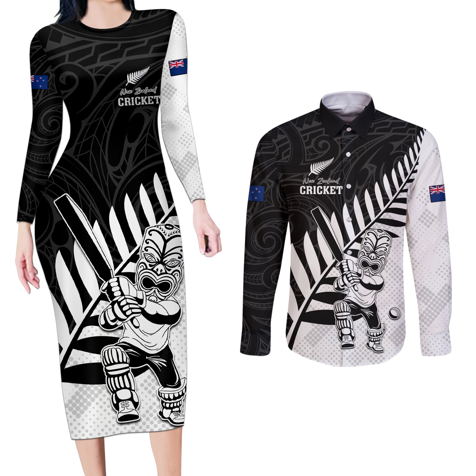 Custom New Zealand Cricket Couples Matching Long Sleeve Bodycon Dress and Long Sleeve Button Shirt With Maori Pattern