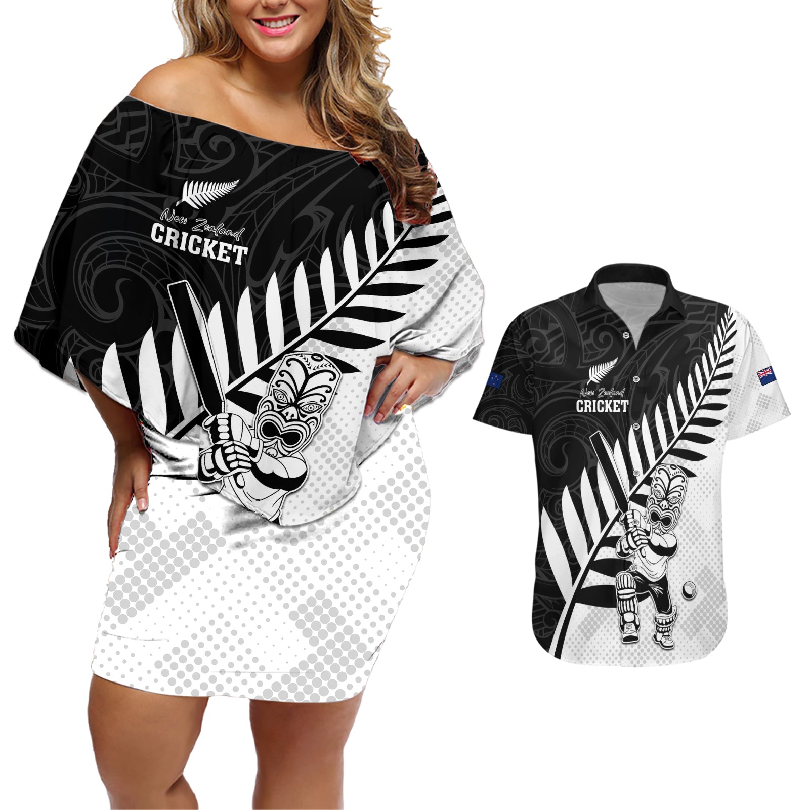 Custom New Zealand Cricket Couples Matching Off Shoulder Short Dress and Hawaiian Shirt With Maori Pattern