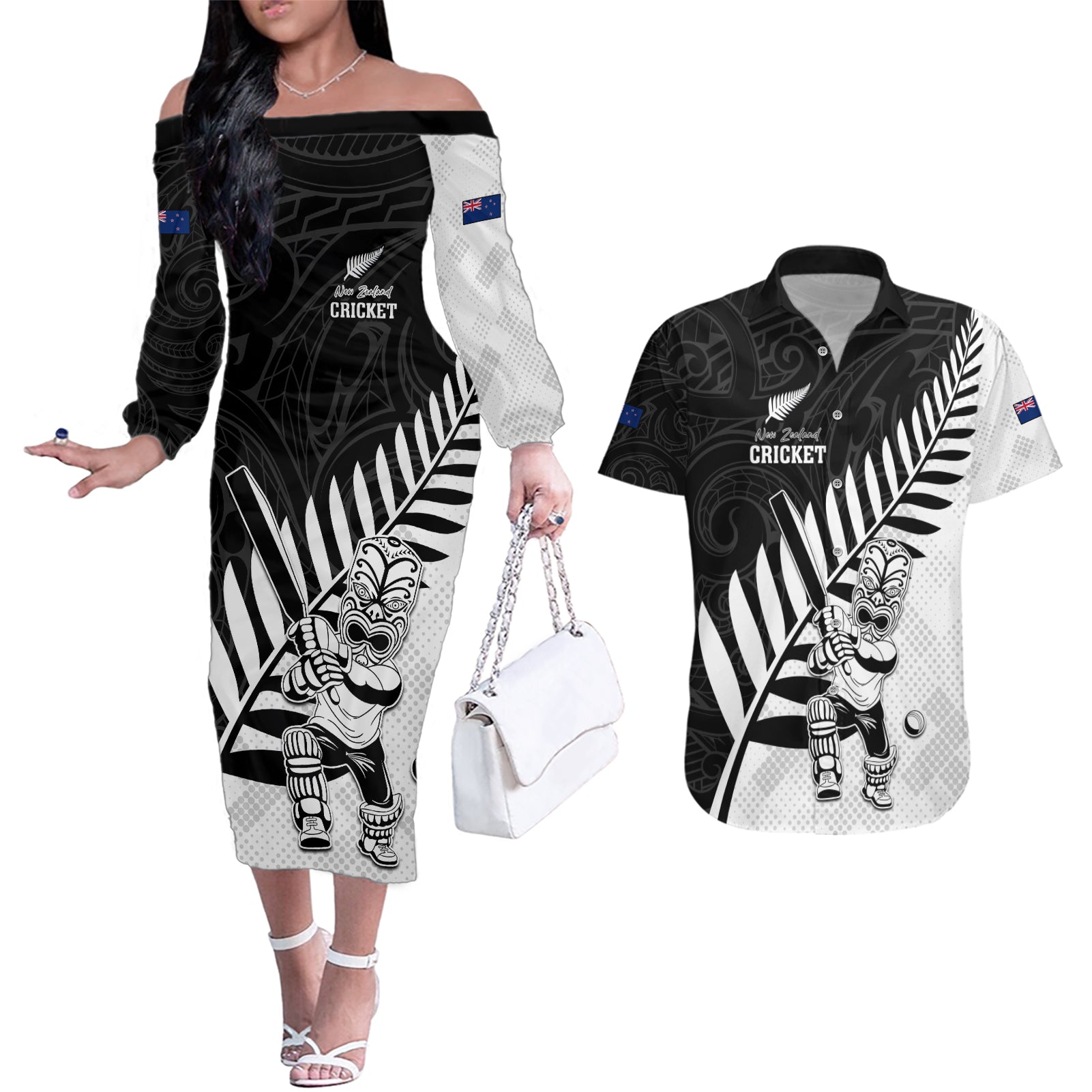 Custom New Zealand Cricket Couples Matching Off The Shoulder Long Sleeve Dress and Hawaiian Shirt With Maori Pattern