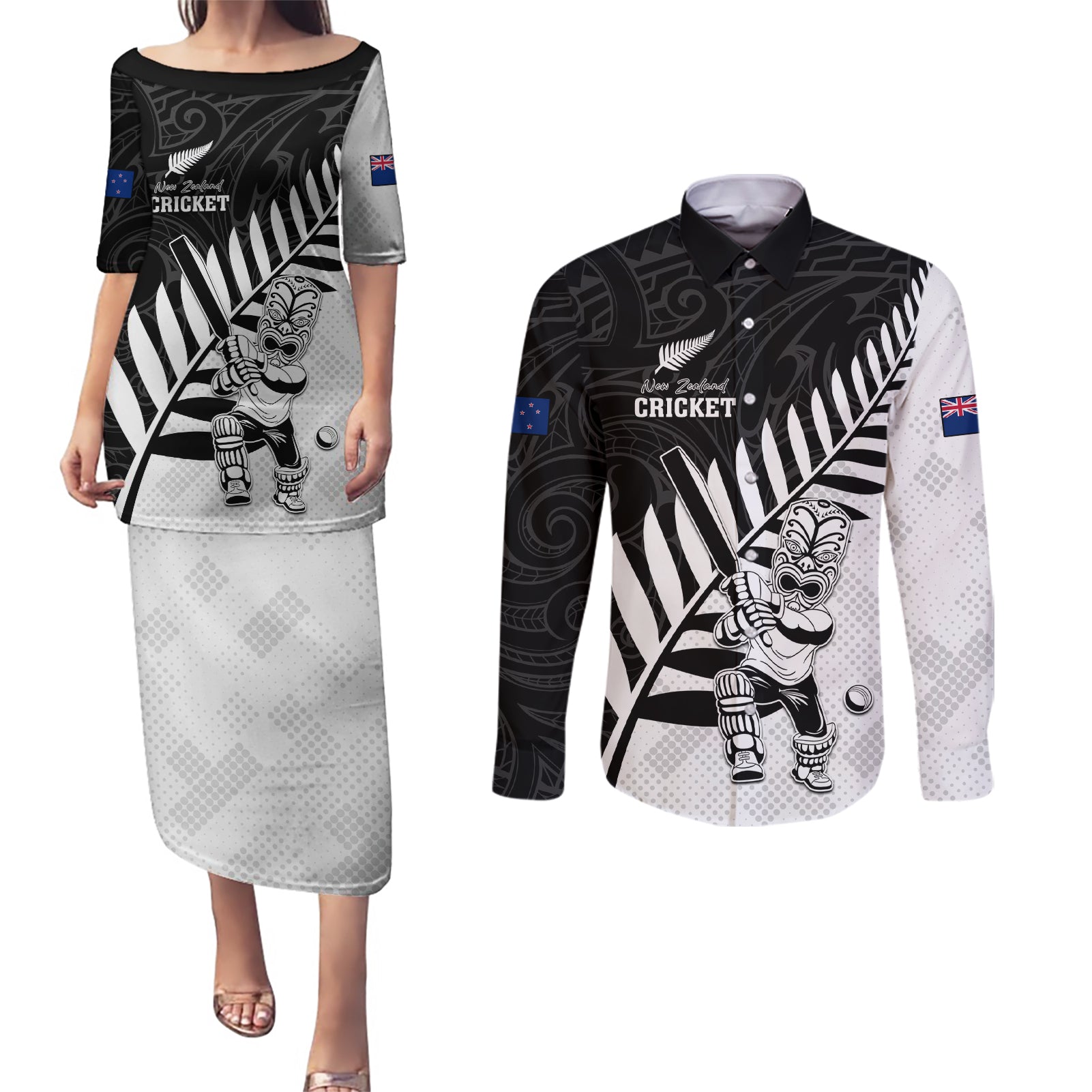 Custom New Zealand Cricket Couples Matching Puletasi and Long Sleeve Button Shirt With Maori Pattern