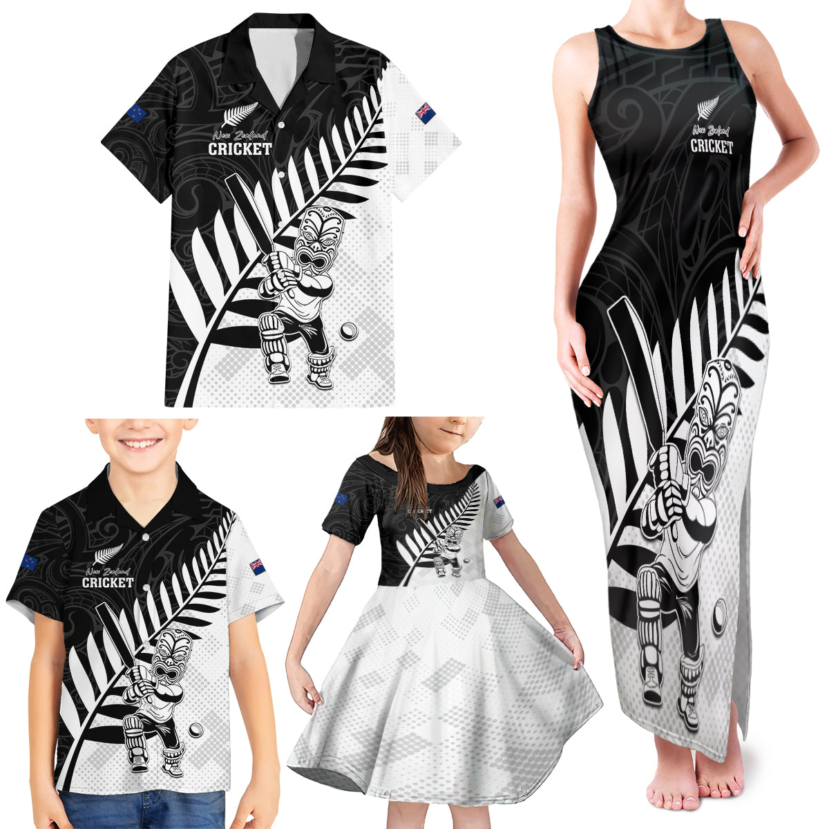 Custom New Zealand Cricket Family Matching Tank Maxi Dress and Hawaiian Shirt With Maori Pattern