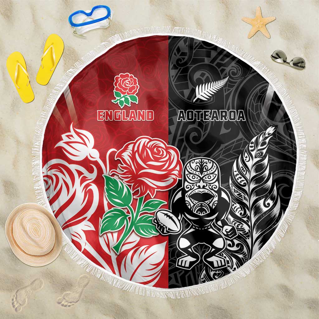 New Zealand And England Rugby Beach Blanket Maori Tiki With Red Rose Together