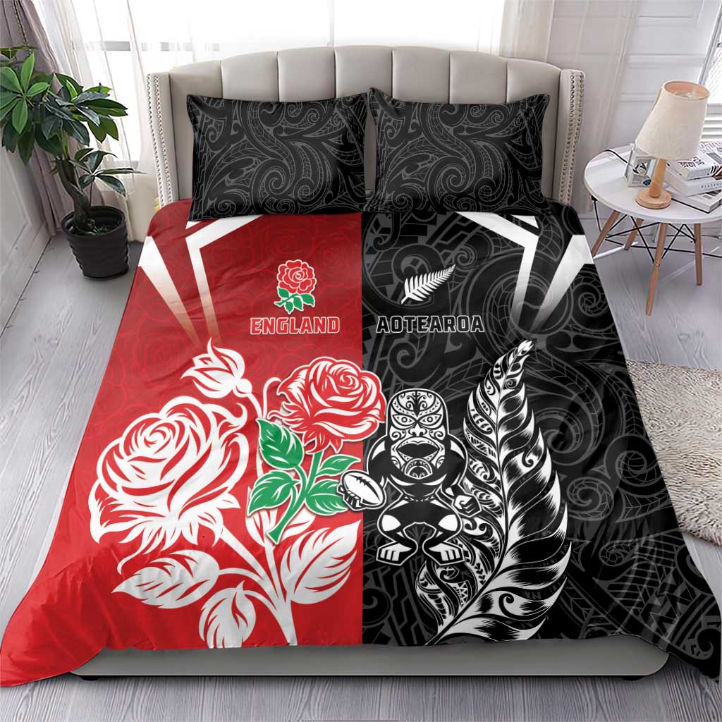 New Zealand And England Rugby Bedding Set Maori Tiki With Red Rose Together