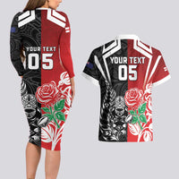New Zealand And England Rugby Custom Couples Matching Long Sleeve Bodycon Dress and Hawaiian Shirt Maori Tiki With Red Rose Together