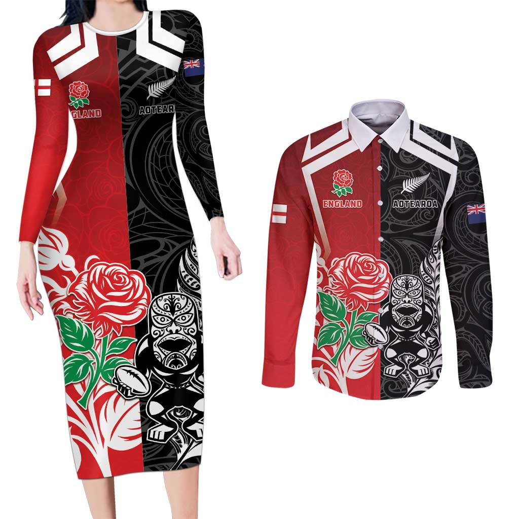 New Zealand And England Rugby Custom Couples Matching Long Sleeve Bodycon Dress and Long Sleeve Button Shirt Maori Tiki With Red Rose Together
