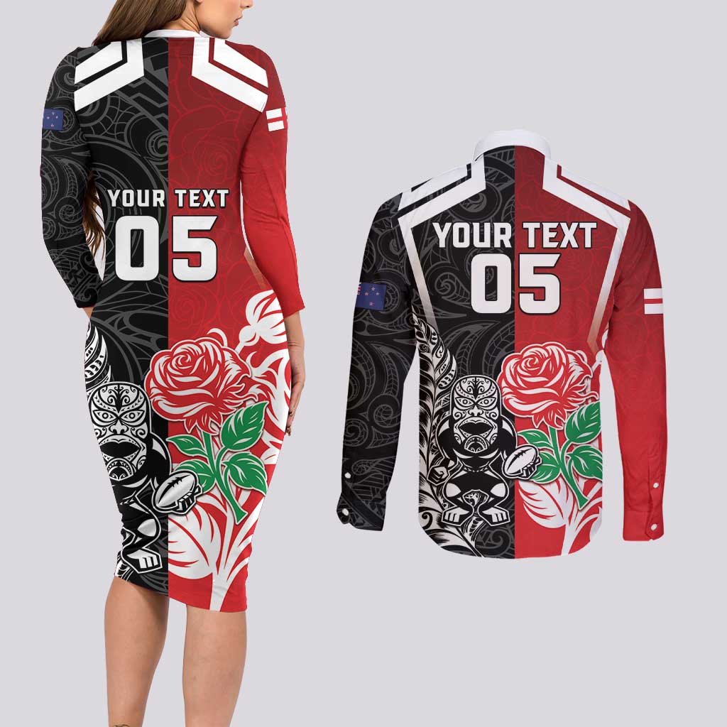 New Zealand And England Rugby Custom Couples Matching Long Sleeve Bodycon Dress and Long Sleeve Button Shirt Maori Tiki With Red Rose Together