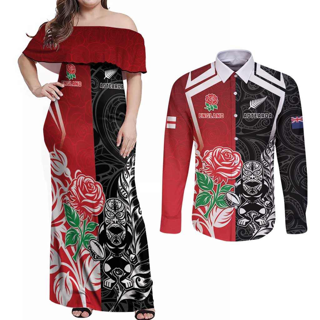 New Zealand And England Rugby Custom Couples Matching Off Shoulder Maxi Dress and Long Sleeve Button Shirt Maori Tiki With Red Rose Together
