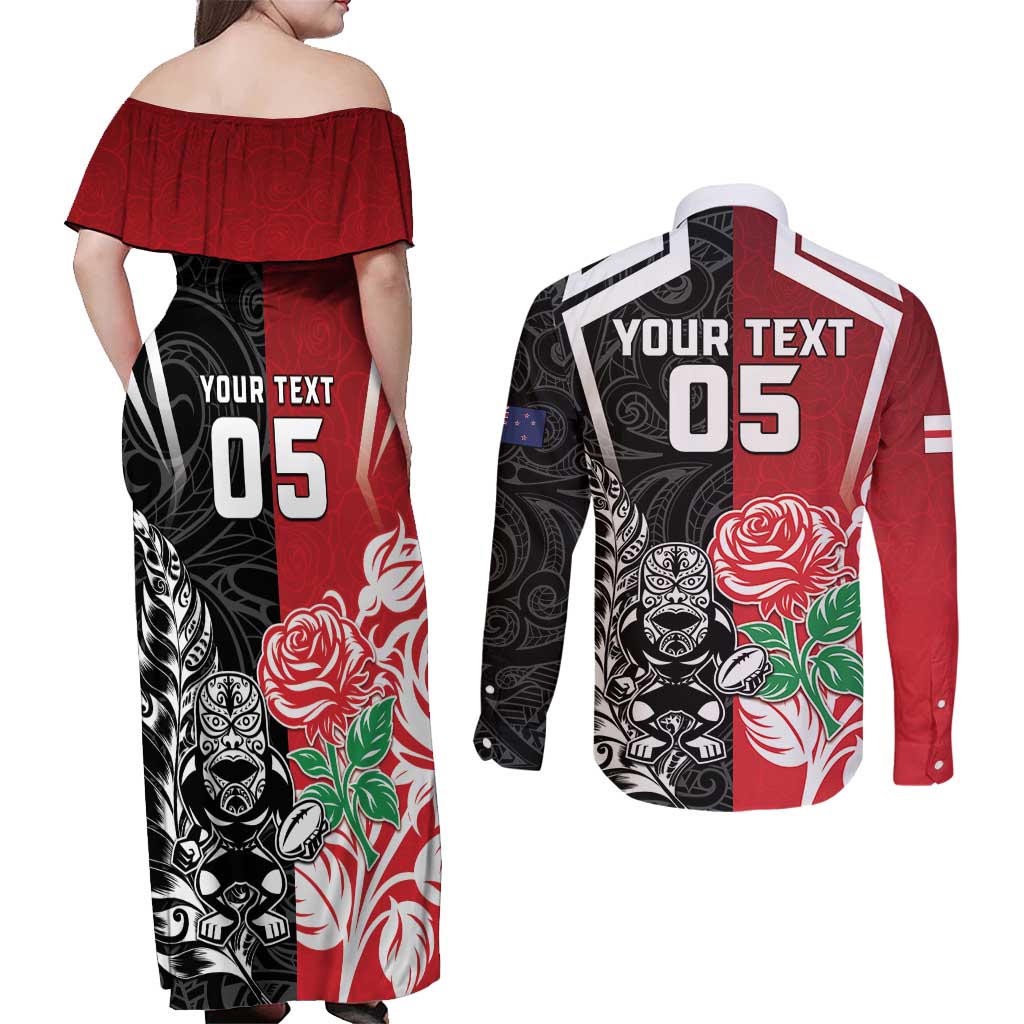 New Zealand And England Rugby Custom Couples Matching Off Shoulder Maxi Dress and Long Sleeve Button Shirt Maori Tiki With Red Rose Together